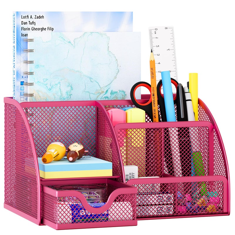EasyPAG Mesh Desk Organizer with Drawer Multi-functional Pen Holder Stationery Organizer for Office School Supplies 6 Compartments Dorm Organizers and Storage for Desk, Hot Pink - Image 1